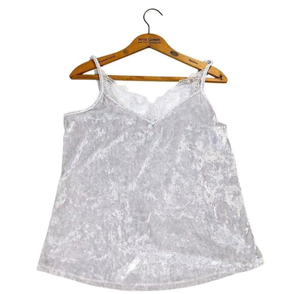 Vintage 2000s Crushed Velvet Going Out Top Size L Silver Cami Tank Top Lace - Picture 1 of 7